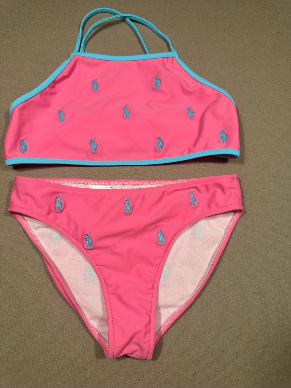 Ralph Lauren Coral Pink Bikini Swimsuit Aqua Pony Embroidery 10 polo two piece